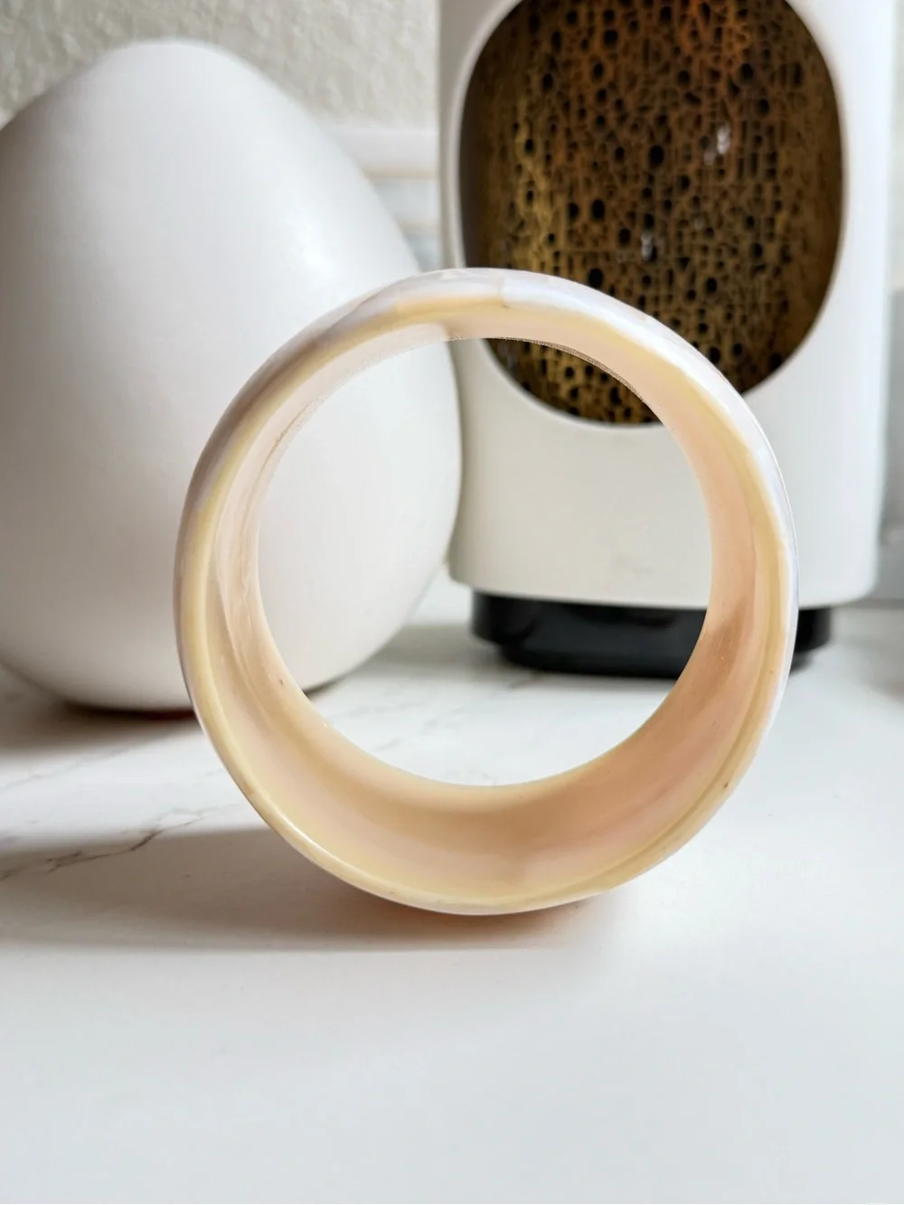 Vintage Chunky White Mother of Pearl Mosaic Wide Bangle Bracelet
